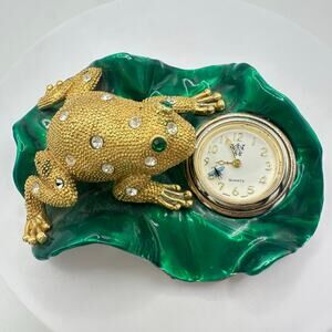 Timex Waterbury gold tone emerald green enamel rhinestones frog table clock